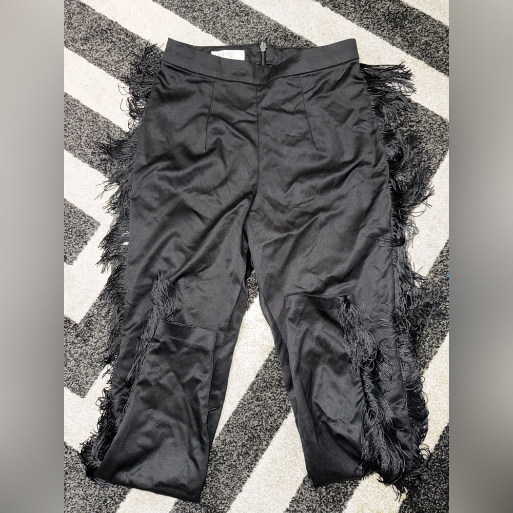 House of CB  Black Satin Fringed Trousers